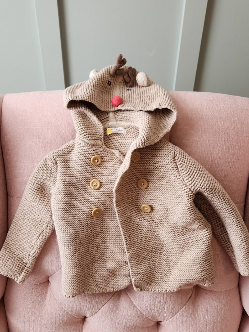Baby Boden 3-4 Christmas Rudolph Beige Knit Hooded Sweater with Reindeer 3t